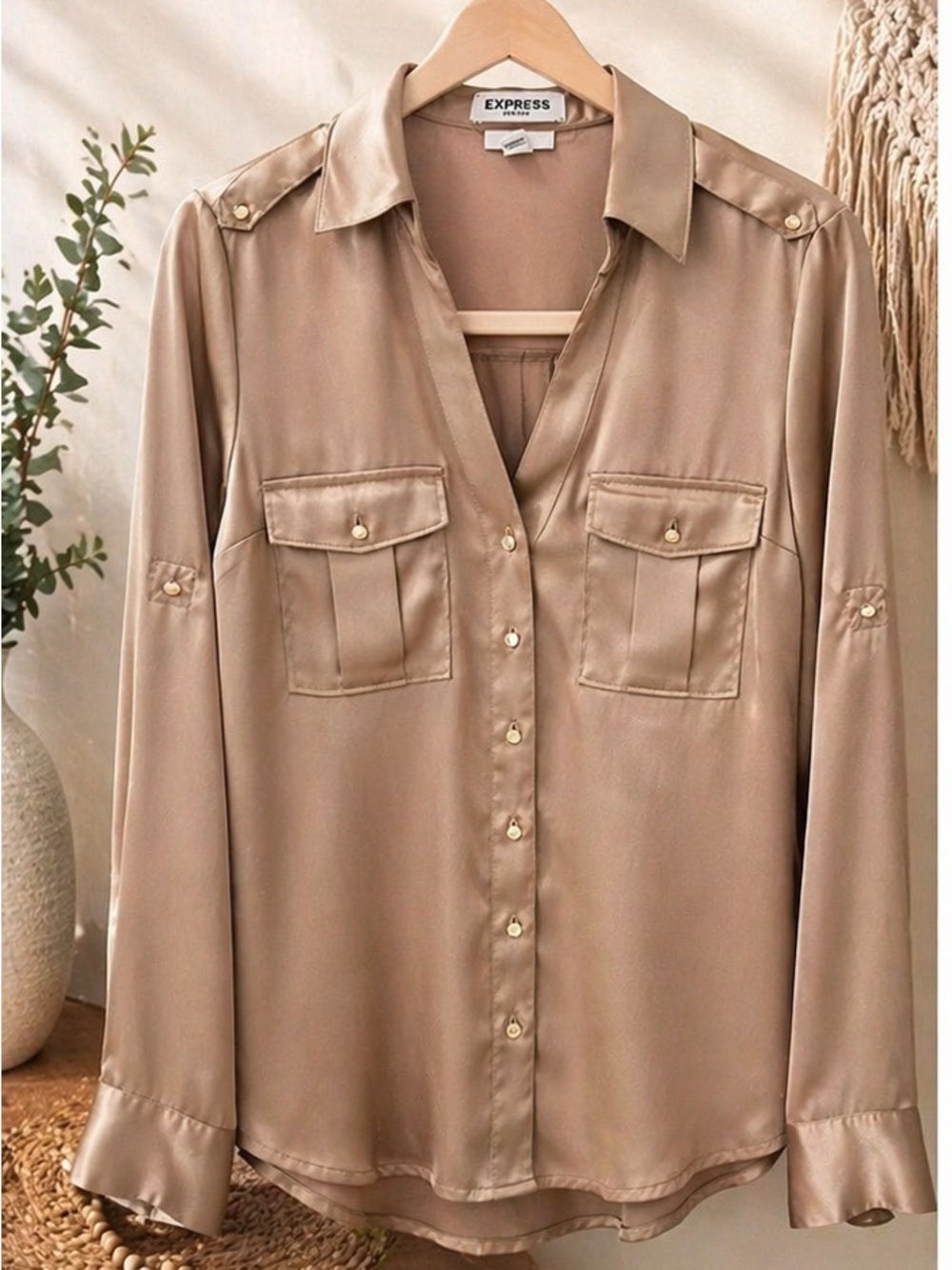 Express Satin Button-Front Blouse in Taupe